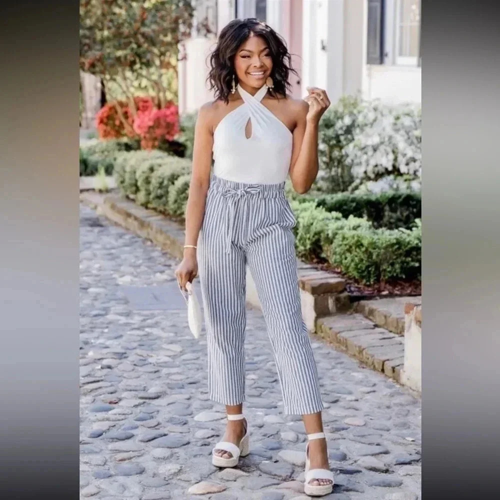 Love Tree Blue Striped Paper Bag Pant - Medium